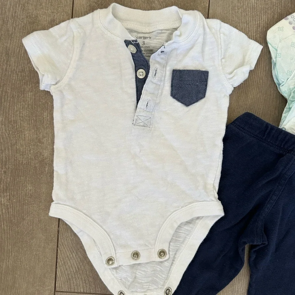 Carters 3 month baby boy matching outfit set and 2 pamper size 1 diapers - Picture 3 of 7